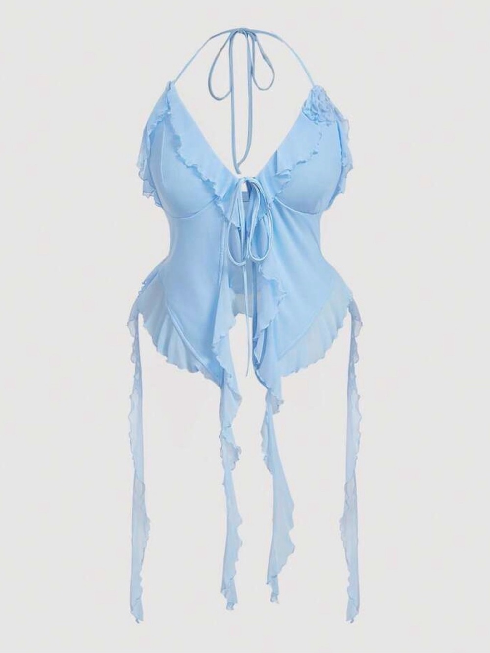 SHEIN Light Blue Ruffle Tie-Front Halter Tank